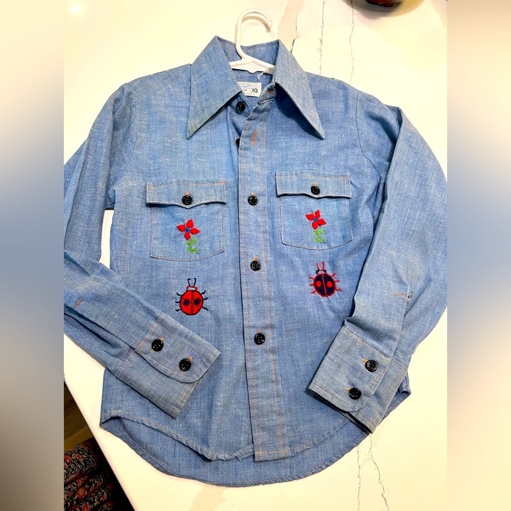 Vintage Little Girls Chambray Hand Embroidery Shirt, size 10